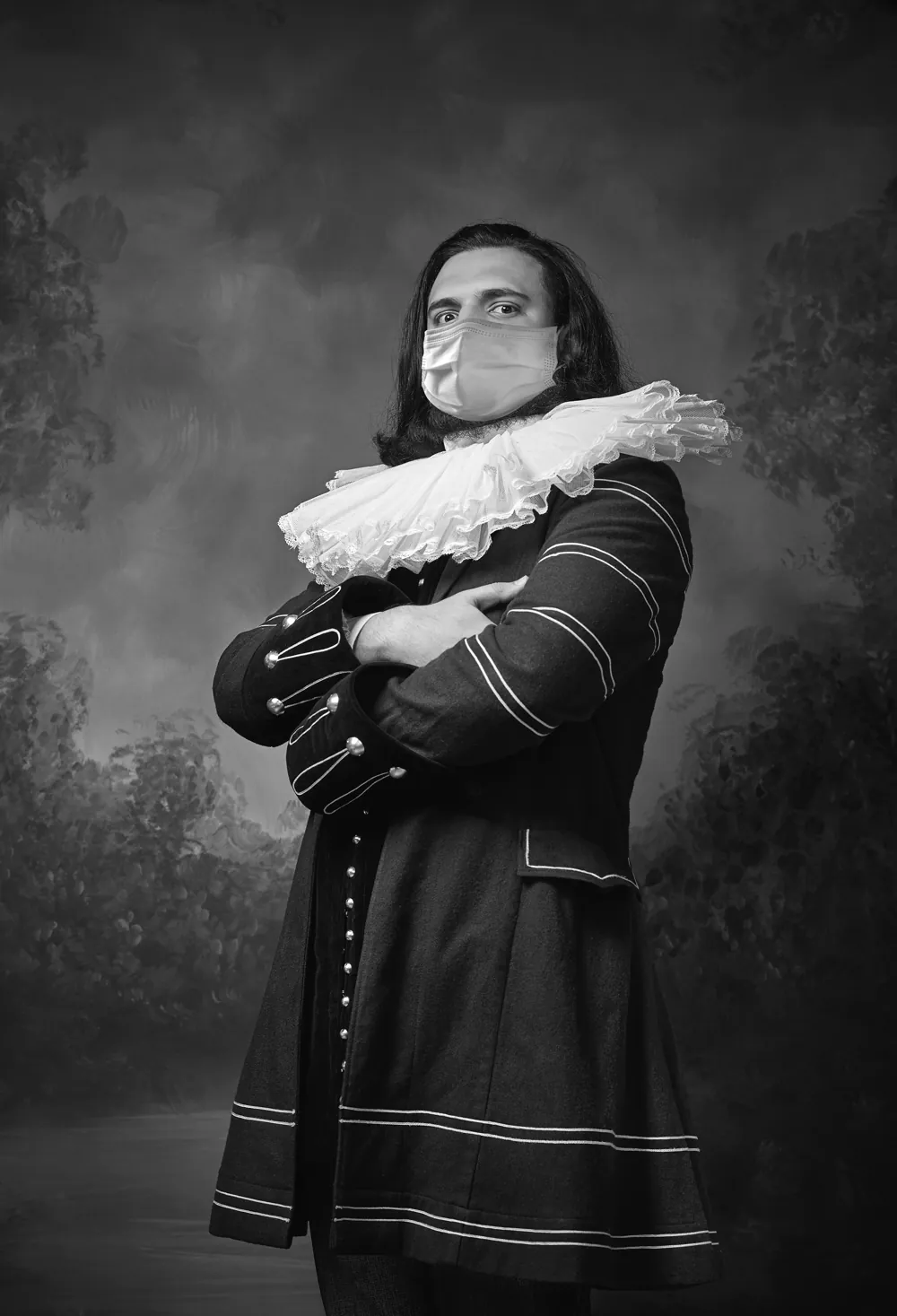 Sample series still — a costumed character portrait, treated monochrome