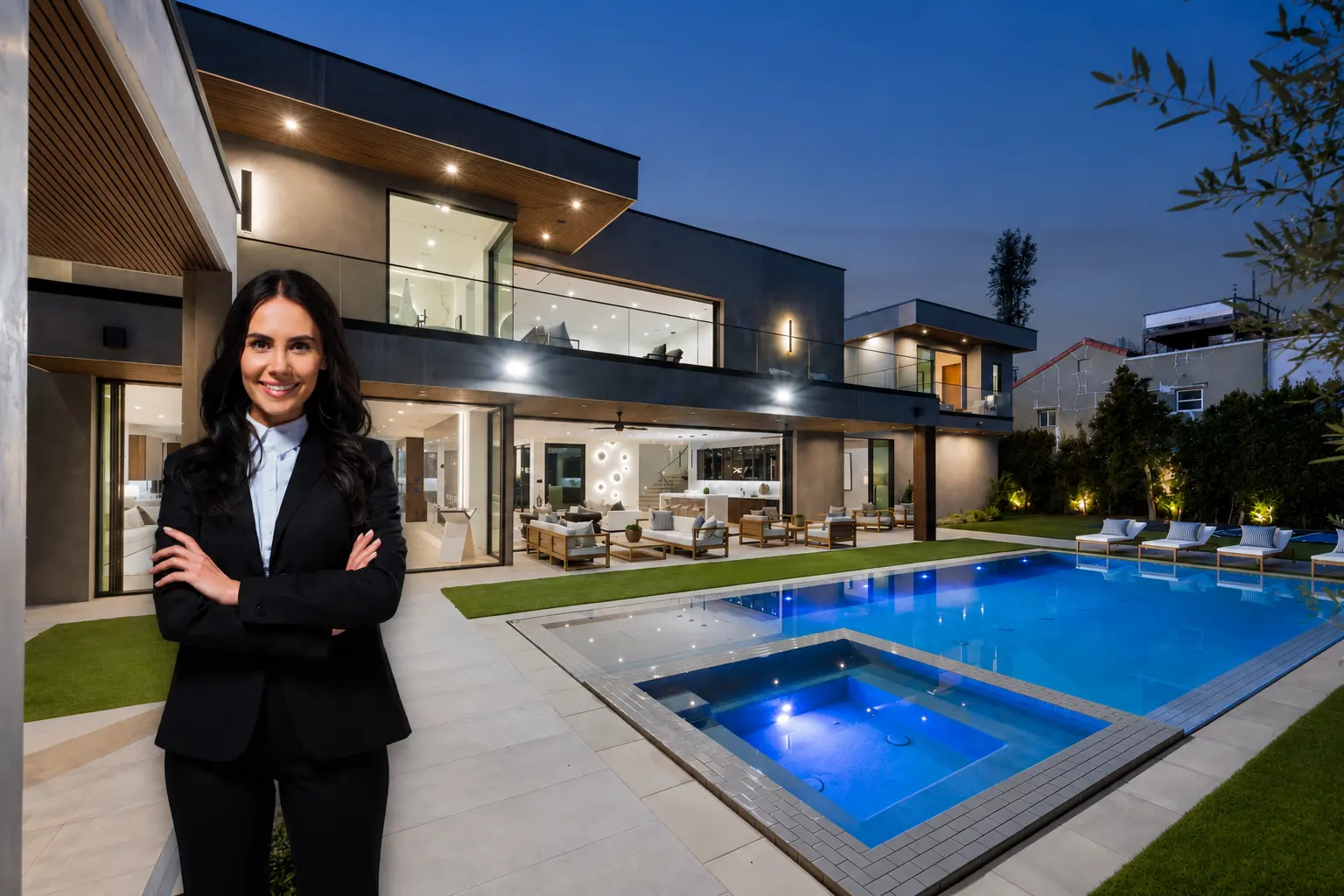 Sloane Marchetti standing in front of a modern coastal San Diego luxury home at dusk