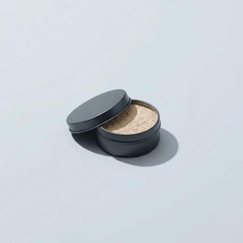 A small graphite tin of mineral powder