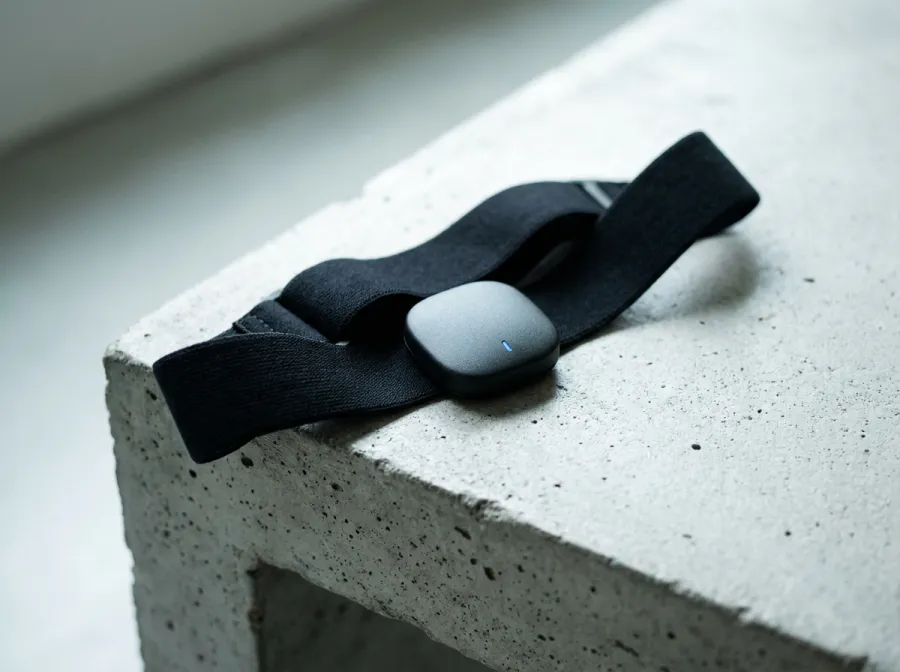 A heart-rate monitor strap and sensor resting on a concrete bench