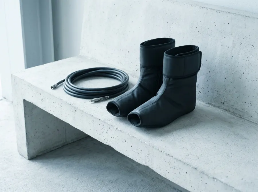 A pair of pneumatic compression recovery boots on a concrete bench