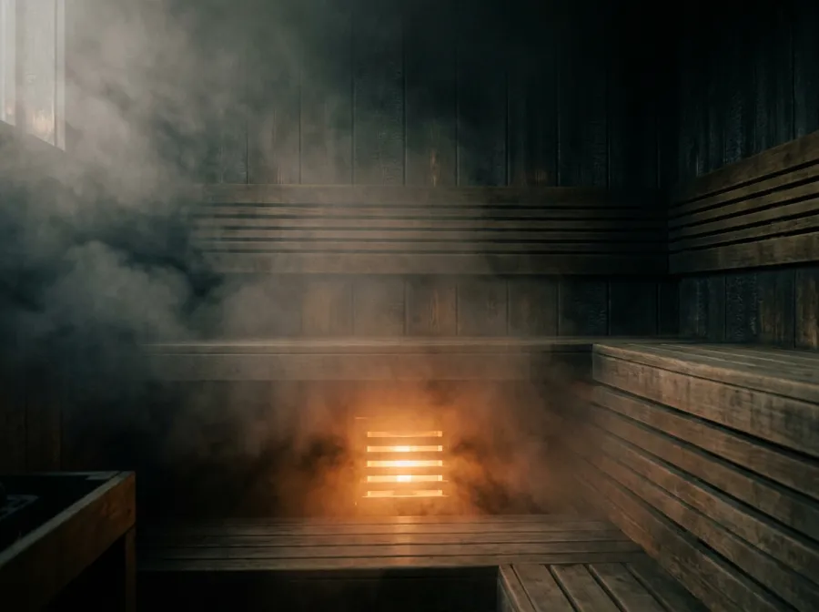 Steam filling an empty cedar sauna