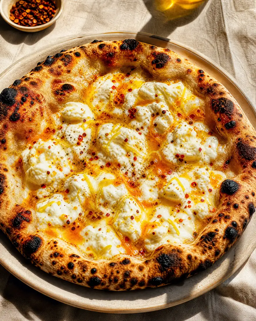 Sample imagery — a blistered wood-fired pizza on a marble counter