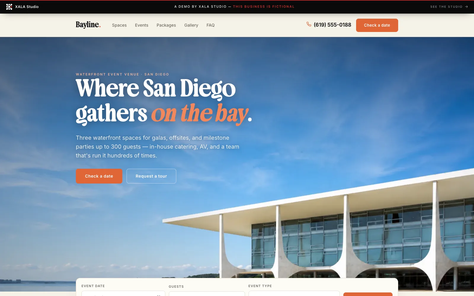 Bayline — a fictional San Diego waterfront event venue demo, cream and sunset-coral with a bold retro serif, blue-sky pavilion hero