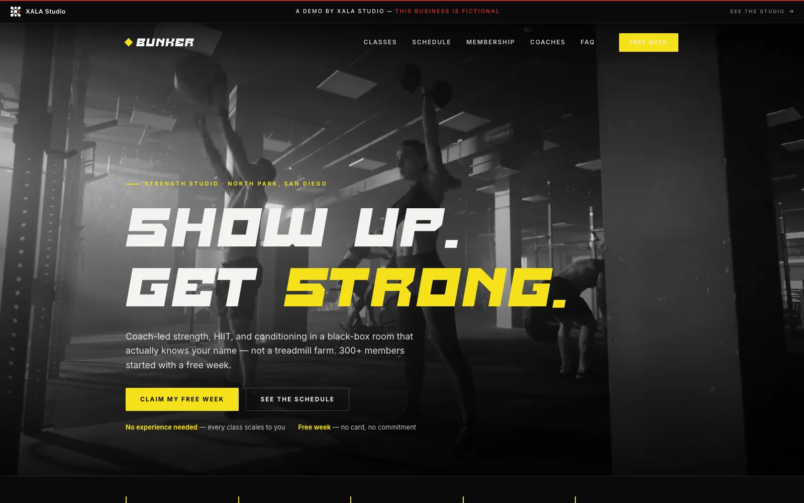 Bunker Strength Co. — a fictional San Diego strength studio demo, black and white with one electric-yellow accent and a bold condensed display, B&W gym video hero