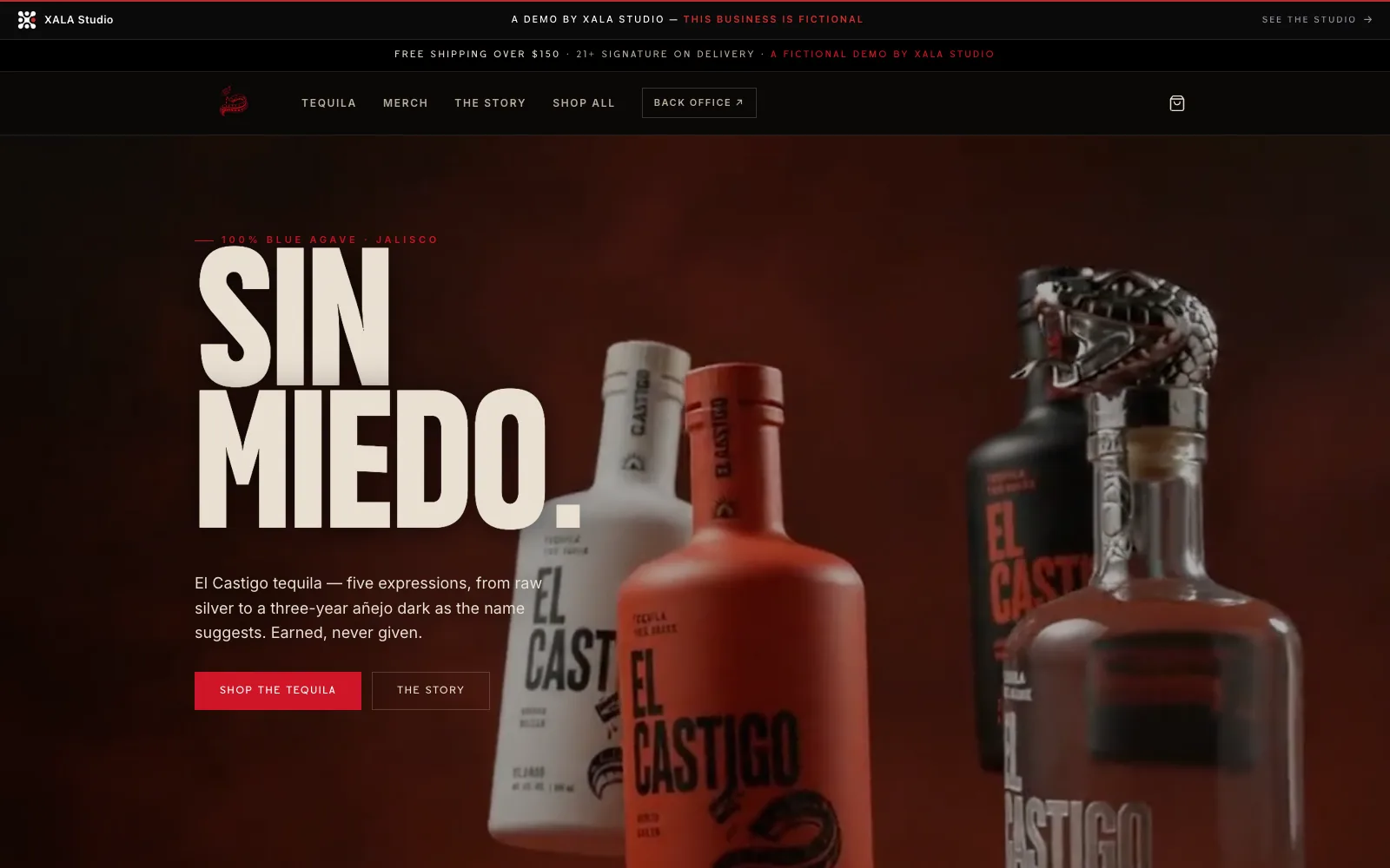El Castigo — a fictional Jalisco tequila brand demo store, near-black and blood-red with oversized condensed display type and a bottle-lineup hero