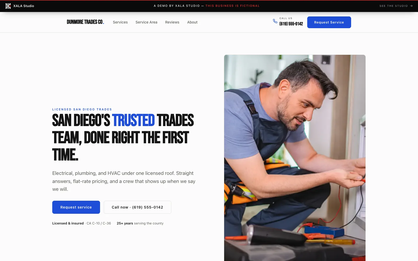 Dunmore Trades Co. — a fictional San Diego home-services contractor demo site, clean white with trades blue and bold condensed display type, a technician servicing a job on the hero