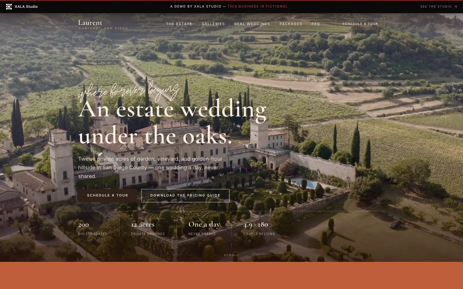 Laurent Château — a fictional San Diego estate wedding venue demo, terracotta and cream with a Cormorant serif and script accents, aerial vineyard-estate video hero