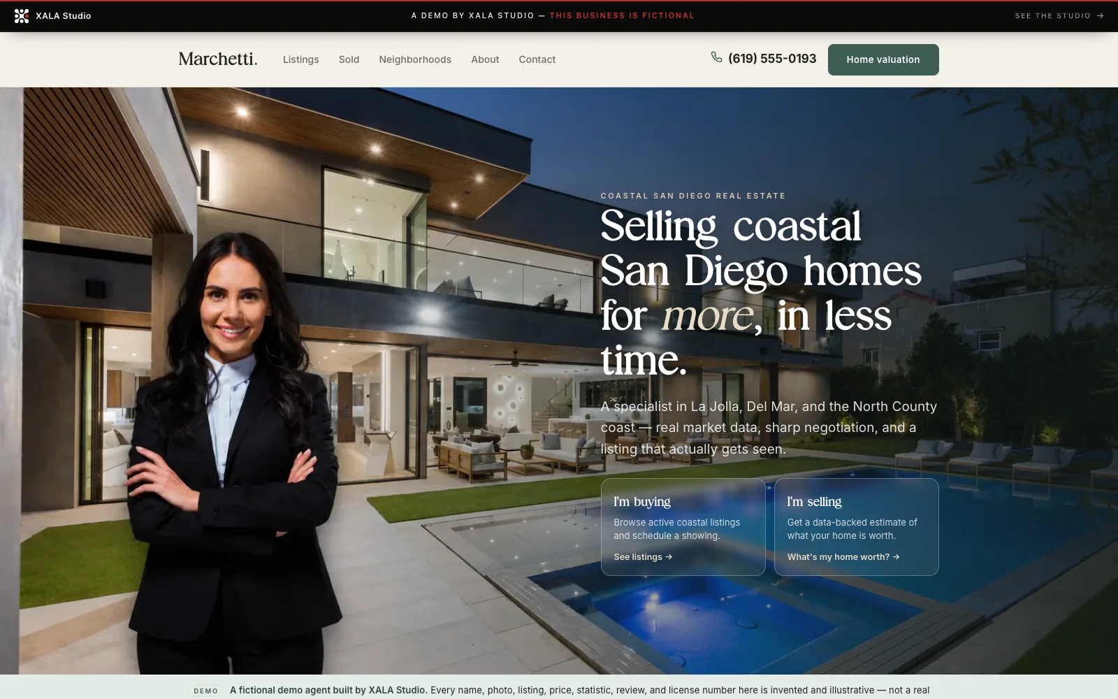 Sloane Marchetti — a fictional coastal San Diego real-estate agent demo, warm limestone and teal-green editorial with an Editorial serif, agent-and-listing hero