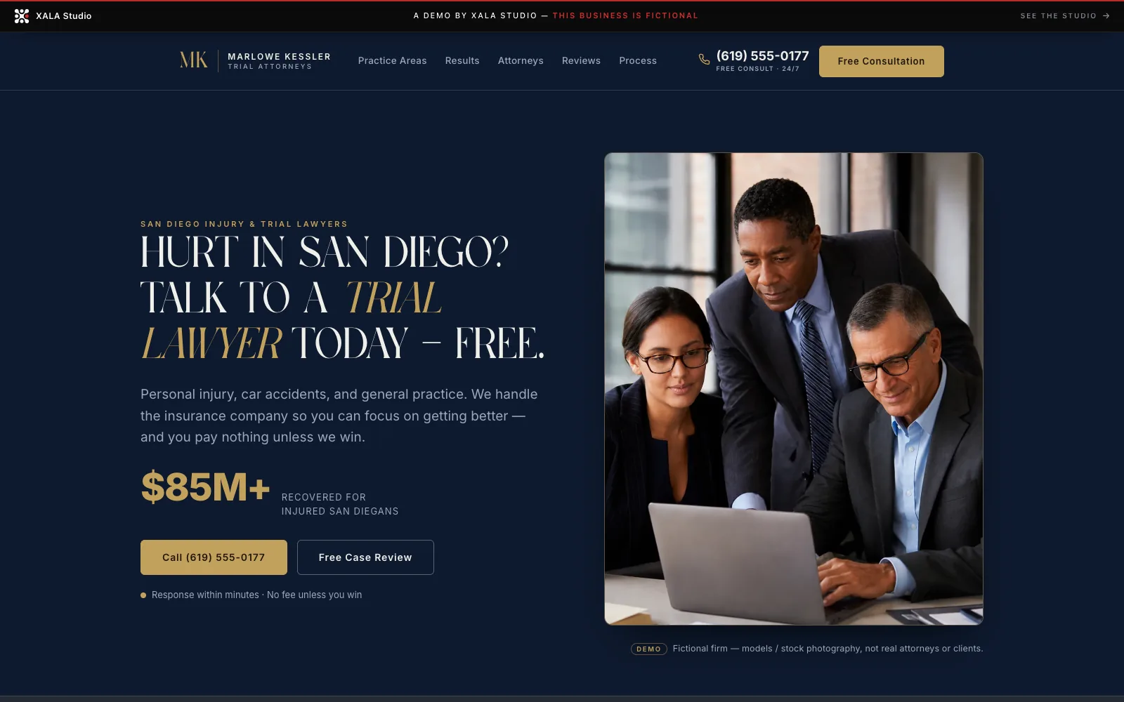 Marlowe Kessler Trial Attorneys — a fictional San Diego injury law-firm demo, deep navy and brass with an ivory serif, attorney-team hero