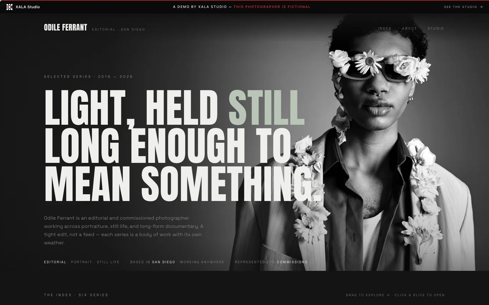 Odile Ferrant — a fictional San Diego editorial photographer demo site, black with oversized condensed display type