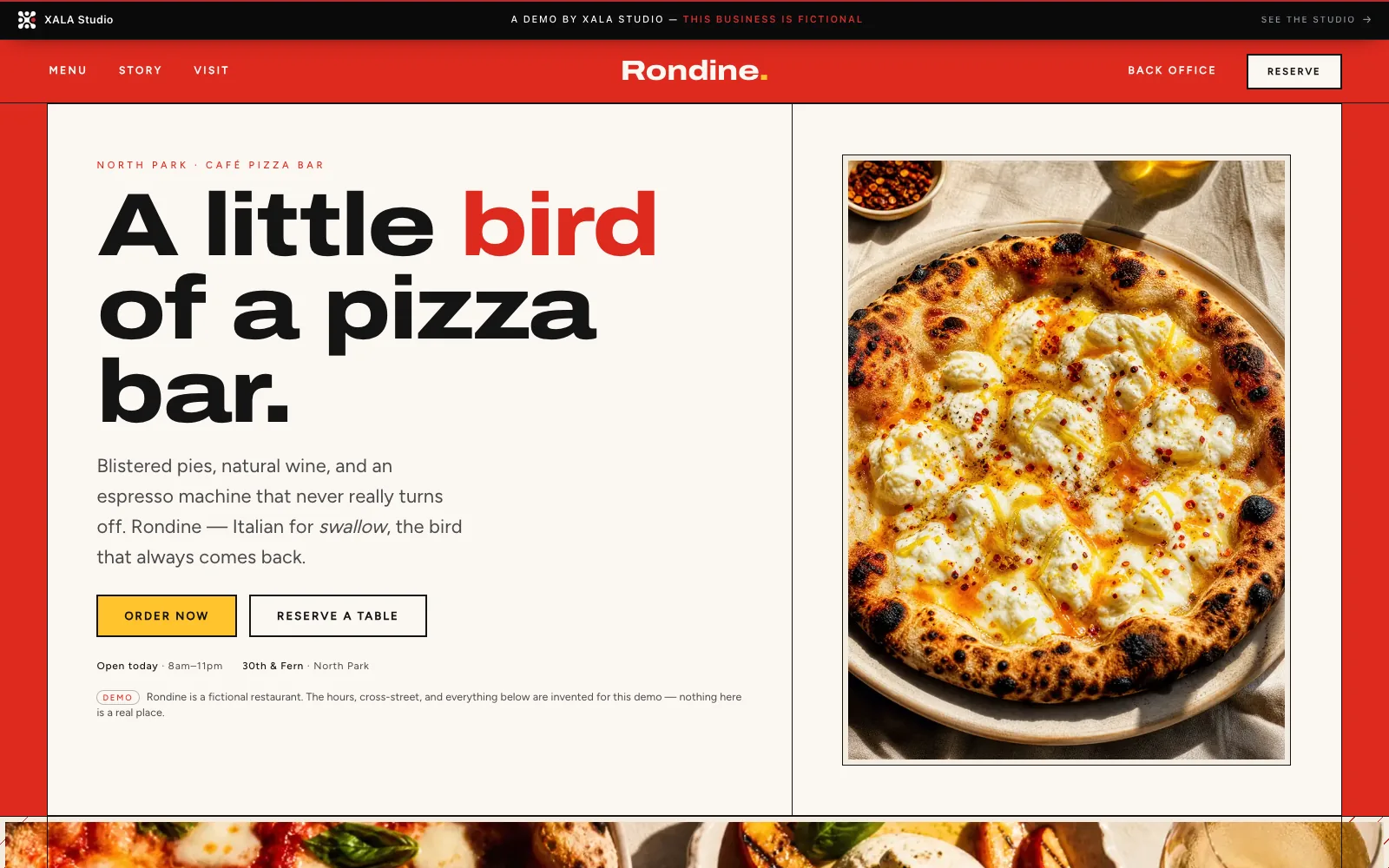 Rondine — a fictional North Park café pizza bar demo site, warm cream and red, with a wood-fired pizza hero