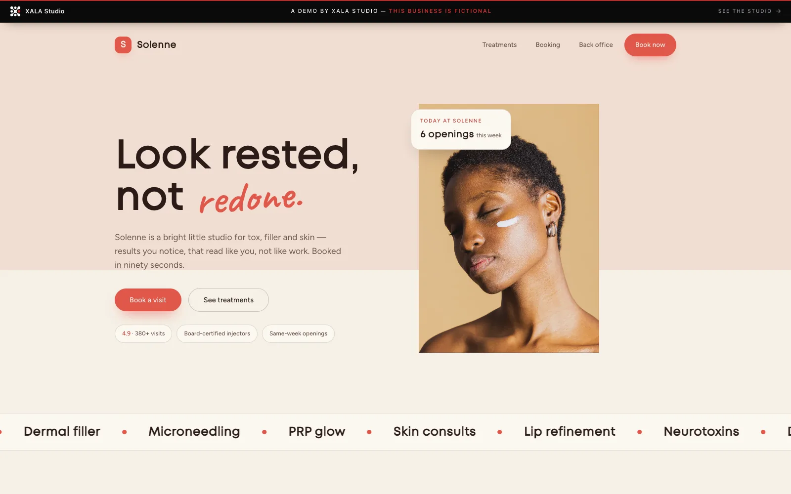 Solenne Aesthetics — a fictional San Diego med spa demo site, deep navy and gold, calm editorial layout