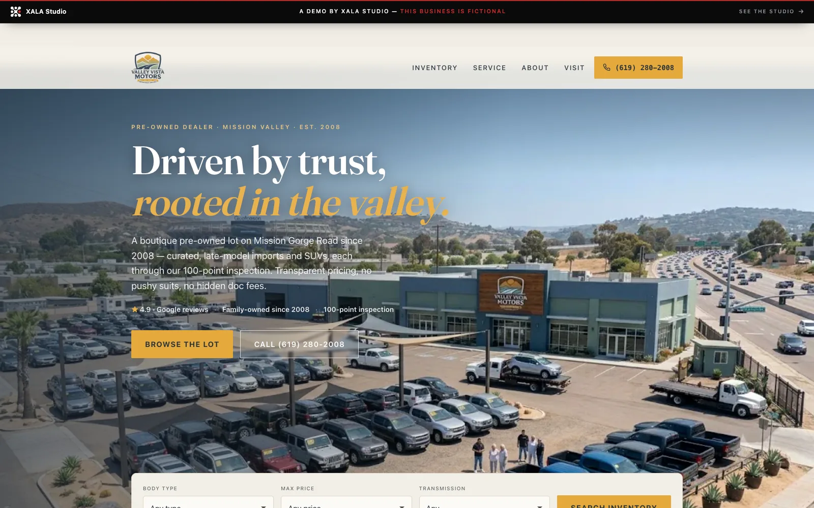 Valley Vista Motors — a fictional boutique San Diego used-car dealership demo, warm cream and slate blue with a gold accent, curated pre-owned imports and SUVs on the line